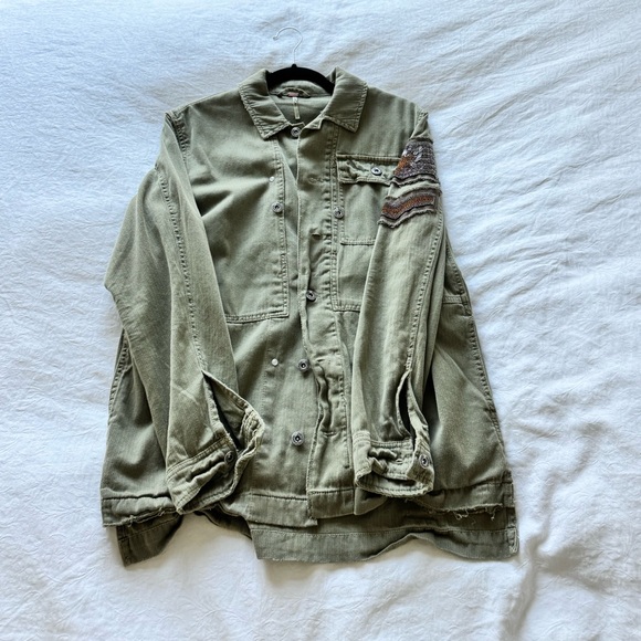Free People Oversized Embellished Military Jacket Patch XS Boho - Picture 5 of 13